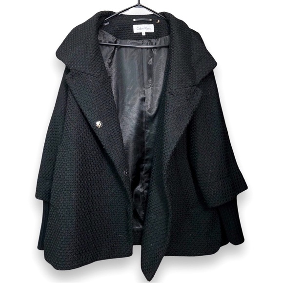 Calvin Klein Black Asymmetrical Coat Peacoat w/Knit Sleeves Size 10 Oversized - Picture 10 of 14